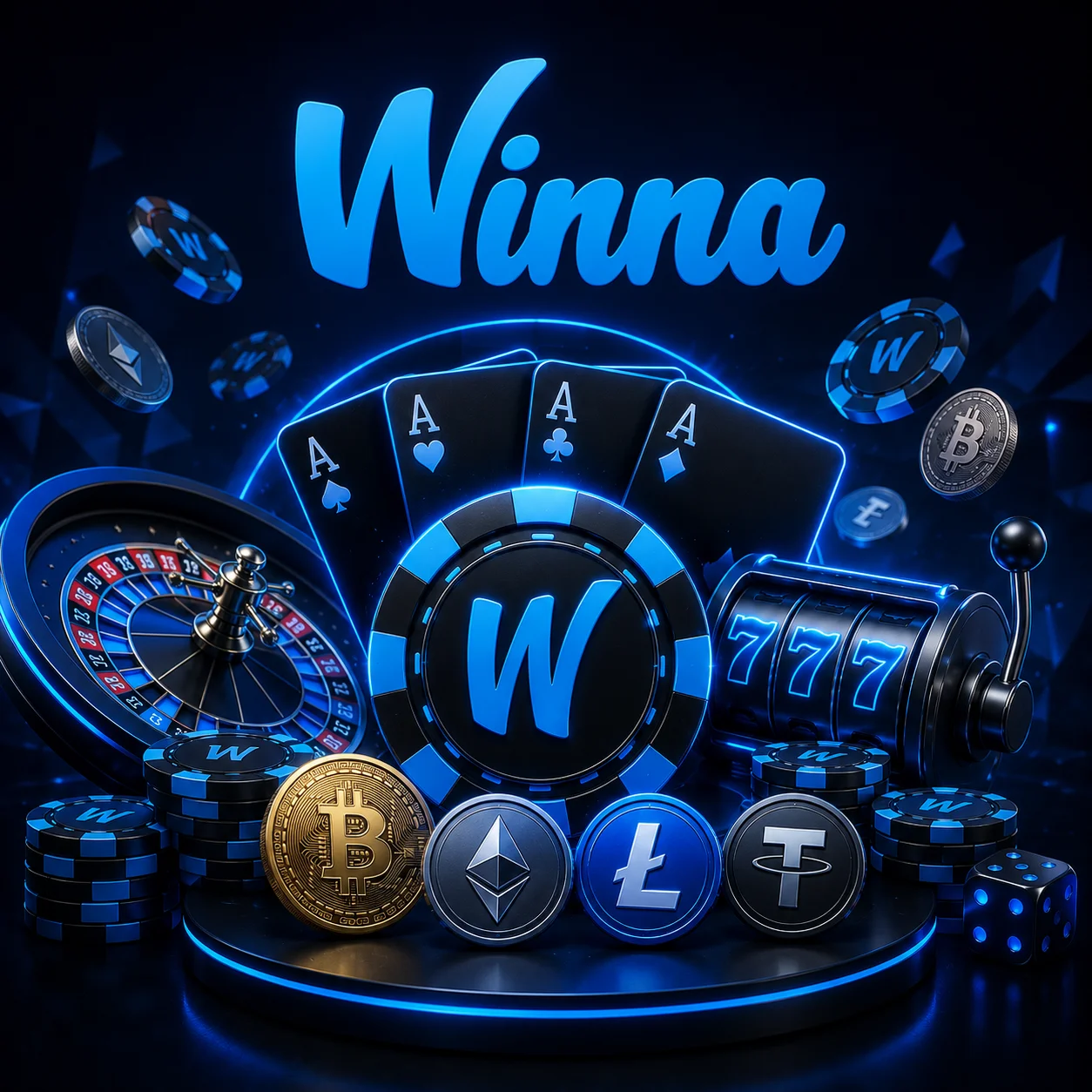 Winna crypto casino with neon poker chips slot machine and crypto coins