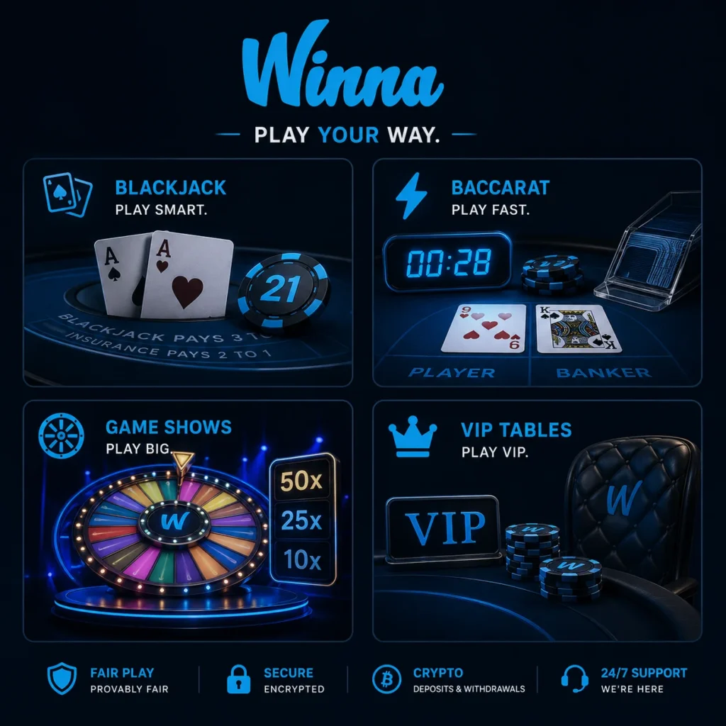 Winna live casino games with blackjack baccarat game shows and VIP tables